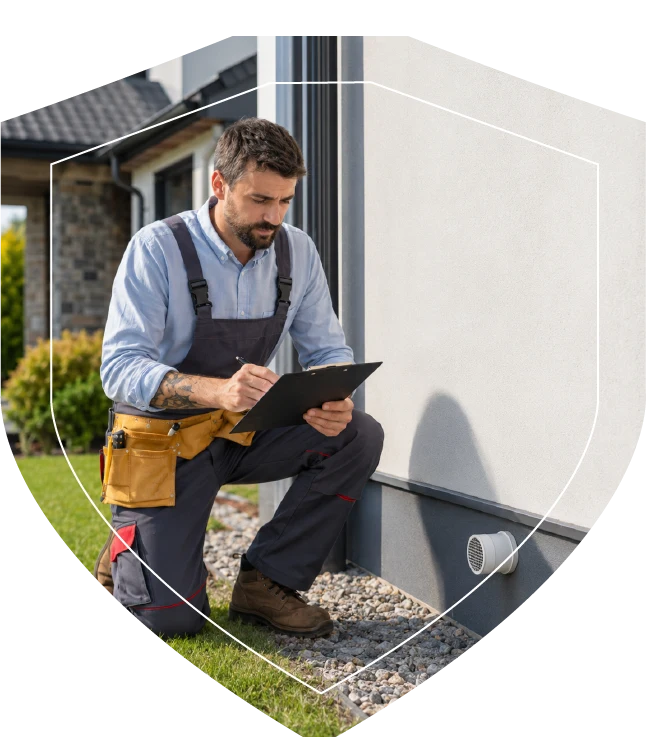 RadonPatrol technician inspecting exterior radon ventilation